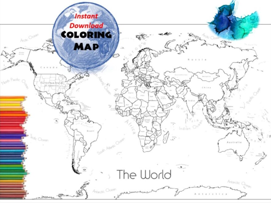 World Map Coloring Page World Sales Map Labeled World Map A4 And 8 5x11 Inch Coloring Book Countries Outline Map With Labels Etsy Hong Kong