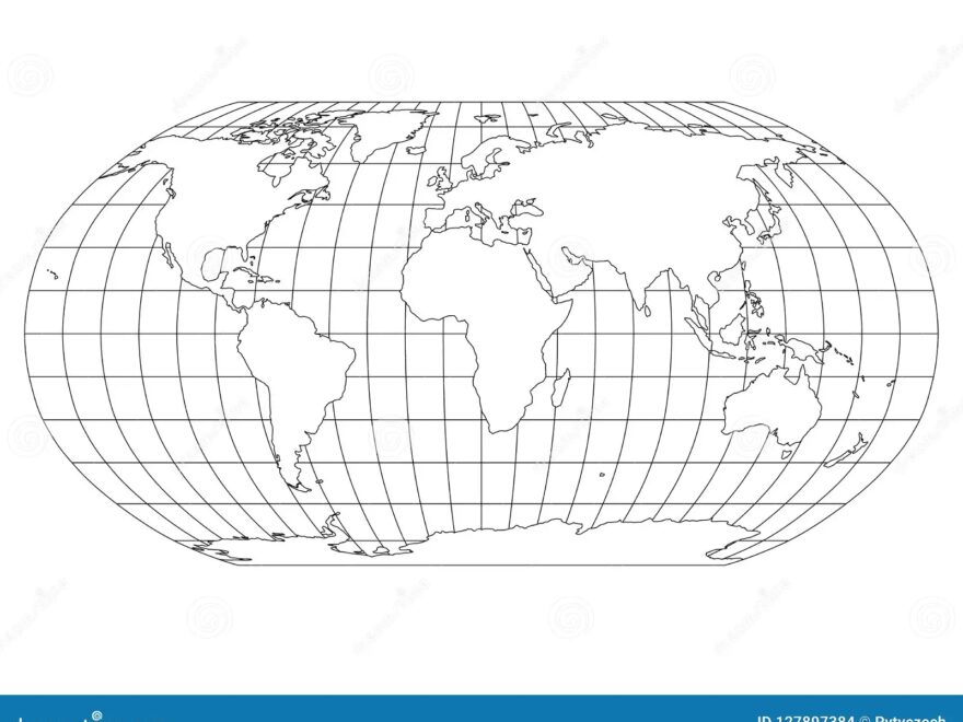 World Map In Robinson Projection With Meridians And Parallels Grid White Land With Black Outline Stock Vector Illustration Of Digital Black 127807384