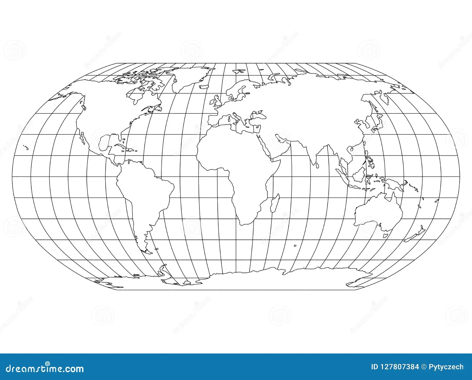 World Map In Robinson Projection With Meridians And Parallels Grid White Land With Black Outline Stock Vector Illustration Of Digital Black 127807384