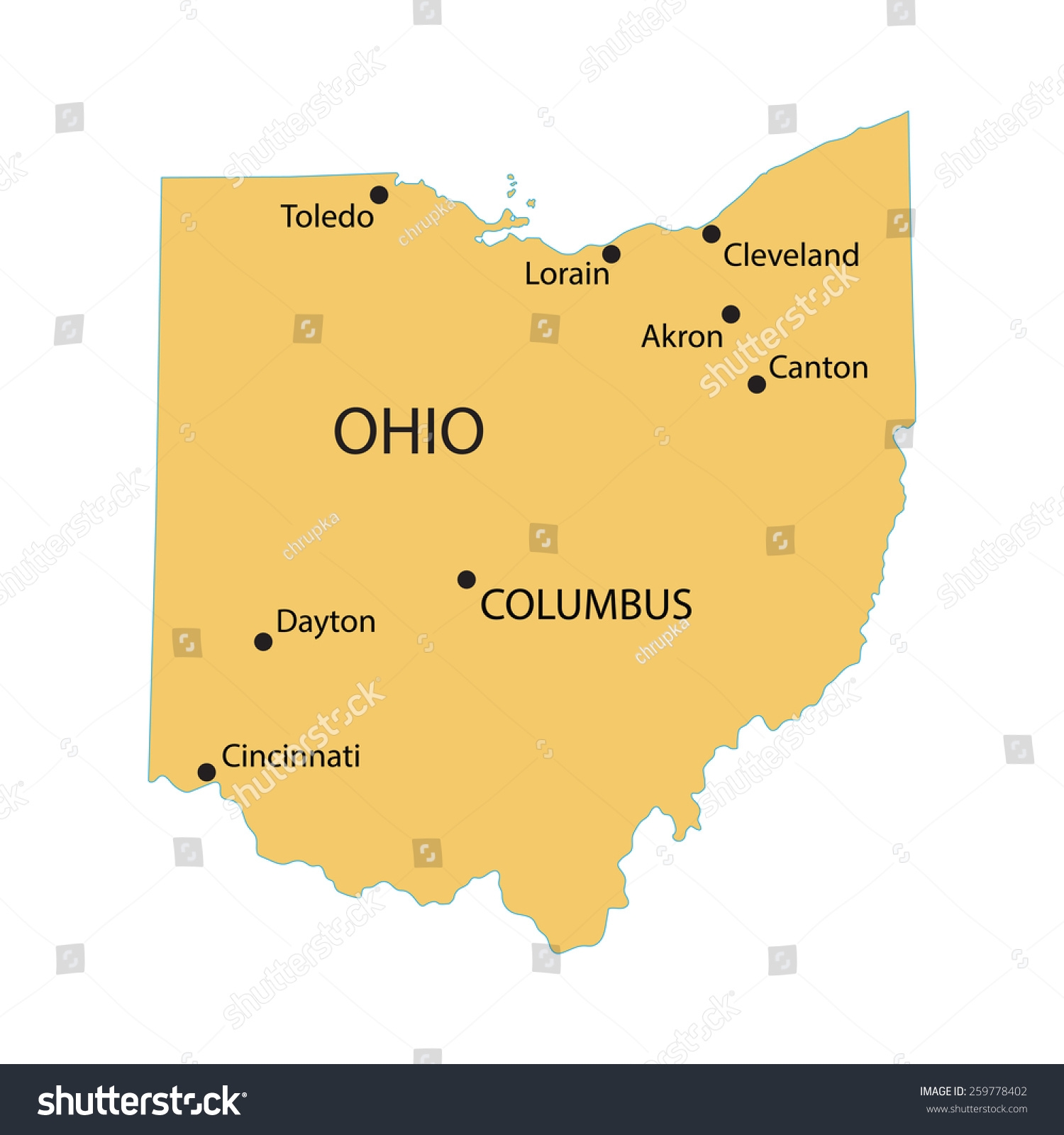Yellow Map Ohio Indication Largest Cities Stock Vector Royalty Free 259778402 Shutterstock